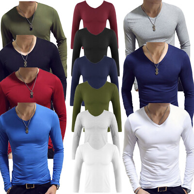 #ad Mens Slim V Neck Long Sleeve T Shirts Muscle Shaper Workout Tee Top Undershirt $6.29