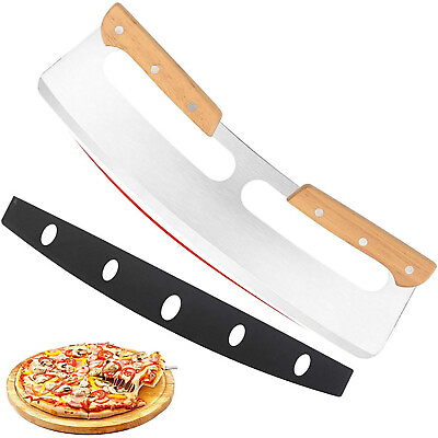#ad Sharp Pizza Cutter Rocker 14quot; w Wooden Handle Protective Cover Stainless steel $13.99