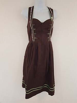 #ad Vintage Dress Brown Dirndl Oktoberfest Corset Pockets Cotton Folk Size 12 German GBP 49.00