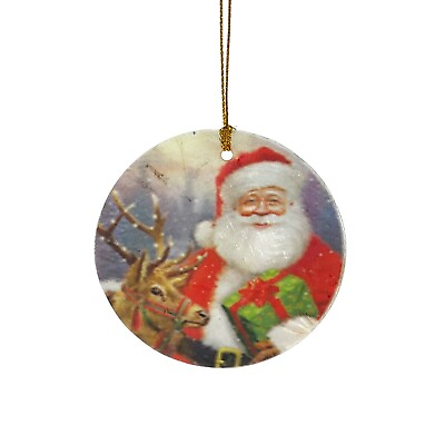 #ad Pinnacle Peak Trading Santa with Gift and Reindeer Capiz Disk Ornament 3 Inch $9.98