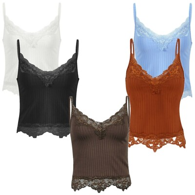 #ad Women Lace V Neck Spaghetti Strap Vest Crop Top Summer Ribbed Knitted Tank Tops $14.90