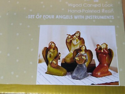 #ad Woodland Collection Kirkland#x27;s Set Of Four Wooden Angels Figurines Instruments $19.99