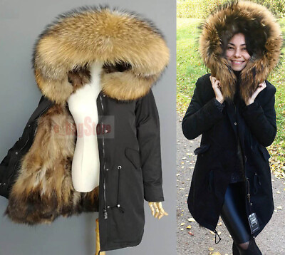 #ad Winter Women Real Raccoon Fur Coat Real Fur Collar Long Hooded Parka Warm Jacket $212.49