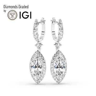 #ad Marquise 6 ct Solitaire Halo 950 Platinum Hoops Earrings Lab grown IGI $5128.10