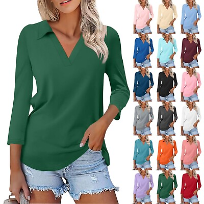 #ad Womens Tops Casual Solid Color Lapel V Neck 3 4 Sleeve T Shirt Summer Blouse $11.59