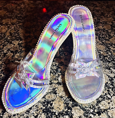#ad Old Stock Box Leila Clear Silver Iridescent PU Crystal Sizzle Wooden Spike Heel $16.72