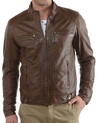 #ad New Leather Jacket Mens Biker Motorcycle Real Leather Coat Slim Fit Brown #772 $118.00