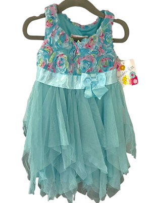 #ad NWT Jessica Ann 2T Baby Toddler Girls Aqua Blue Dress Floral Bodice Tulle Skirt $23.99