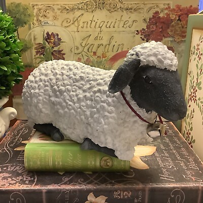 #ad White Hand Painted Sheep Lamb w Grey Face Bell Around Neck 11”L X 6”H Excellent $29.99