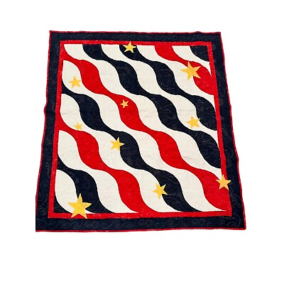 #ad Patriotic Handmade Red White Blue Quilt 53x38quot; $149.95