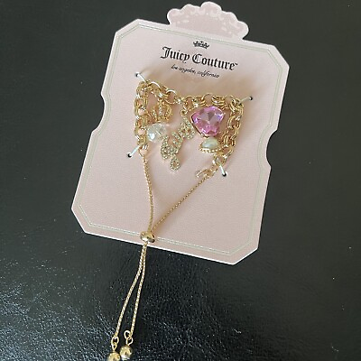 #ad New Juicy Couture Slider Pink Glass Crystal Heart Charm Pave Bracelet Adjustable $25.00