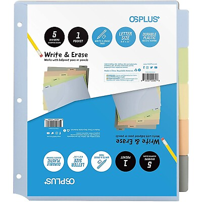 #ad OS Plus 5 Tab 3 Ring Colored Durable Plastic w Write amp; Erase Tab Binder Dividers $6.95