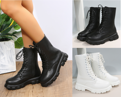 #ad Womens Casual Ankle Boots Ladies Biker Zip Lace Up Army Combat Shoes Size Winter $32.29