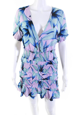 #ad Karlie Women#x27;s Short Sleeve V Neck Floral Print Ruffle Mini Dress Blue Size M $42.69