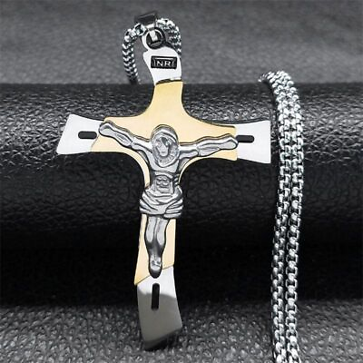 #ad Unisex Crucifix Necklace Cross Jesus Pendant Choker Stainless Steel Jewelry 1Pc $17.35