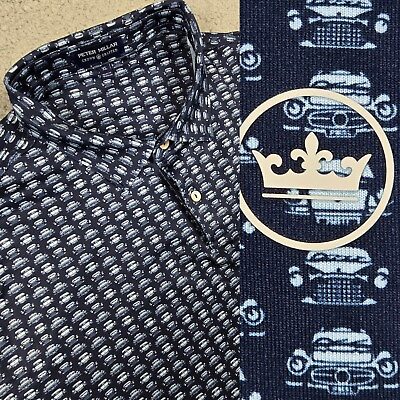 #ad Peter Millar Crown Crafted Golf Polo Shirt Men#x27;s XL Blue Stretch Cars Print $39.95