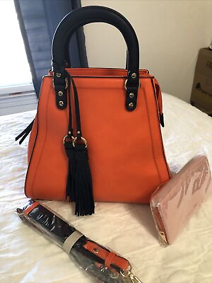 #ad NEW Leather Triangle Purse Orange black 12x12 Matching Wallet Shoulder Strap $31.99
