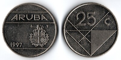 #ad Aruba 1997 25 Cents KM# 3 Plated Coat of Arms Lion Aloe Hooiberg Hands Cogwheel $1.49