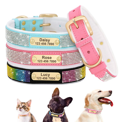 #ad Rhinestone Dog Collars Bling Personalized Nameplate Adjustable Black Pink Blue $15.99