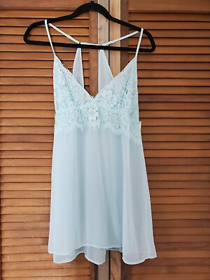 #ad Flora Nikrooz Size M NWT Bridal blue Polyester Blend Spaghetti Strap Lace V Neck $27.90