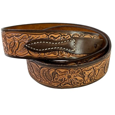 #ad Justin Mens Tooled Western Leather Belt Strap Brown Floral Top Grain Cowhide 46 $34.49