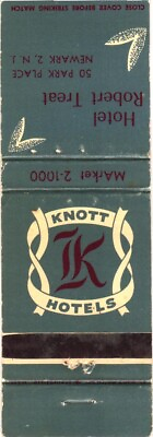 #ad Newark New Jersey Knott Hotels Hotel Robert Treat Vintage Matchbook Cover $9.99