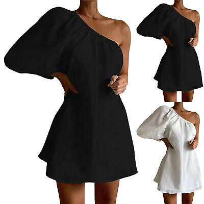 #ad Ladies Cotton Linen Fashion Loose Slim Shoulder Puff Sleeve Short Dress $27.48