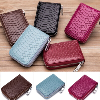 #ad Women Genuine Leather Credit Card Holder Snake Pattern Wallet RFID Zipper Pocket $8.61