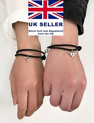 #ad 2pcs Couple Heart Lock And Key Magnetic Handmade Bracelet Best Love Promise GBP 4.89