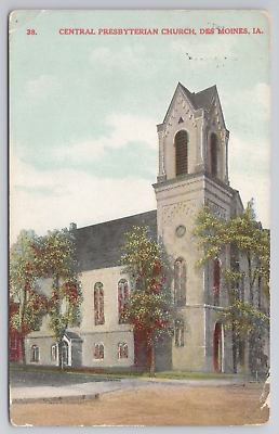 #ad Central Presbyterian Church Des Moines Iowa IA 1910 Postcard Religion $3.49