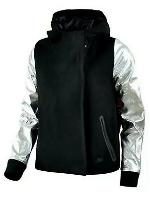 #ad New $495 Nike Women#x27;s Destroyer Butterfly Black Wool Silver Leather Jacket SZ L $152.95