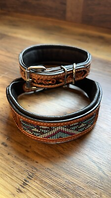 #ad LEATHER DOG COLLAR Hand Tooled Brown Leather Floral Turquoise ships From US $29.99