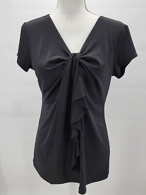 #ad Vintage Suzie Size Large Black Top Blouse Short Sleeve V Neck Solid $11.97