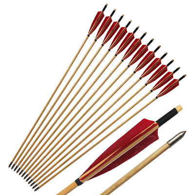 #ad 12Pcs Handmade 33quot; Traditional Wooden Arrows Red Shield Feather Recurve Longbow $38.69