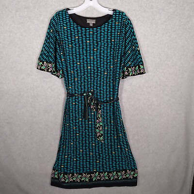 #ad Roz amp; Ali Size 10 Knee Length Belted Dress Turquoise Multi Geometric and Floral $19.67