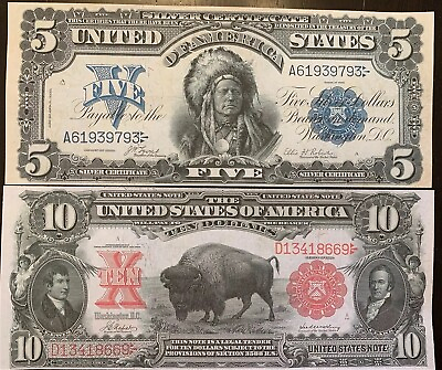 #ad Reproduction Pair $5 Silver Certificate Indian Chief 1899 $10 US Note Bison 1901 $6.99