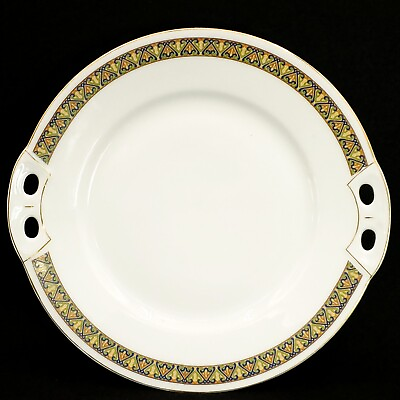 #ad Vtg Antique Art Deco Porcelain Marke CS Weiden Cake Plate with Handles Gold Trim $26.21
