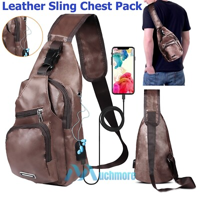 #ad Men#x27;s Shoulder Leather Bag Sling Chest USB Charging Port Pack Crossbody Handbag $13.69