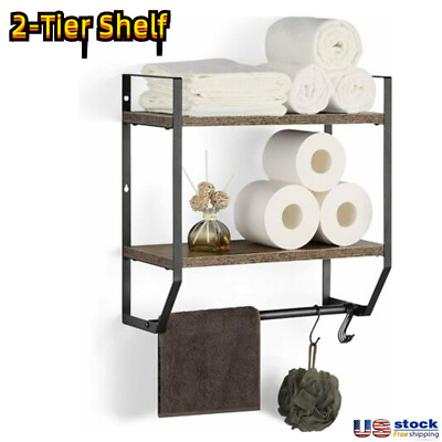 #ad 2 Tier Shelf Organizer Towel Storage Rack Over Toilet w Hook Bathroom Wood Rack $23.99