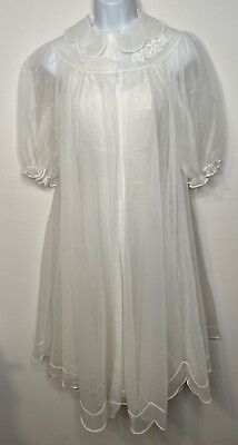 #ad White Chiffon Peignoir Set Nightgown Robe S 34 Floral Shadowline Vintage $221.33