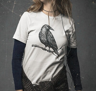 #ad Crow Women#x27;s T Shirt Hand Print Dual Blend Tee Raven Shirt Eco Fashion Shirt $13.99