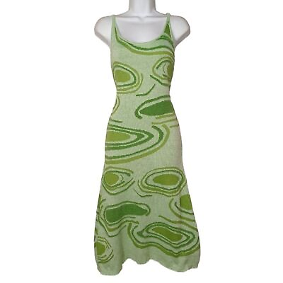 #ad Green Geometric Circle Print Knit Sweater A Line Sleeveless Midi Stretchy Dress $38.69