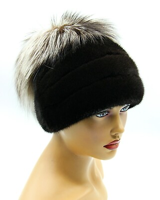 #ad Fur Hat Women#x27;s Ladies Winter Fox and Mink quot;Anyutaquot; Headdress Black $237.00
