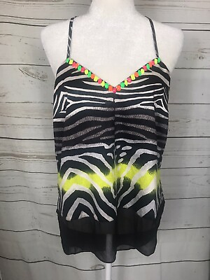 #ad Line amp; Dot Beaded Zebra Print Tank Top Neon Beads amp; Accent High Low Large NWT $14.73