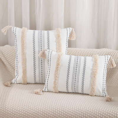 #ad Boho Throw Pillow Covers Tassels Set of 2 Sofa Decor Cushion Cases Cotton Linen $19.19