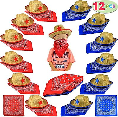 #ad Toy Pack of 12 Childs Straw Cowboy Hats with Cowboy Bandannas Red amp; Blue $41.99