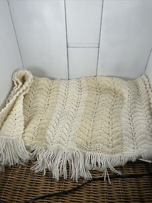 Vintage Handmade Knitted Baby Blanket Small Beige amp; White $17.00