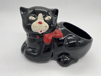 #ad Vintage Black amp; White Cat With Red Bow Planter Hand Painted $20.00