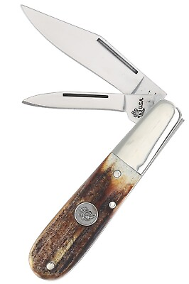 #ad Queen Barlow Pocket Knife 1095 Carbon Steel Blades Brown Stag Handle Made in USA $85.49