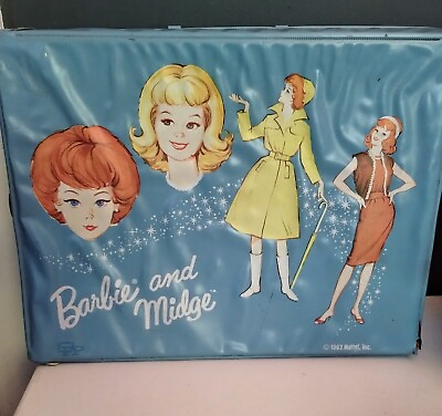 #ad *Vintage* Barbie amp; Midge Doll 1964 Double Carry Case Travel Storage Blue 14quot;x17quot; $16.00